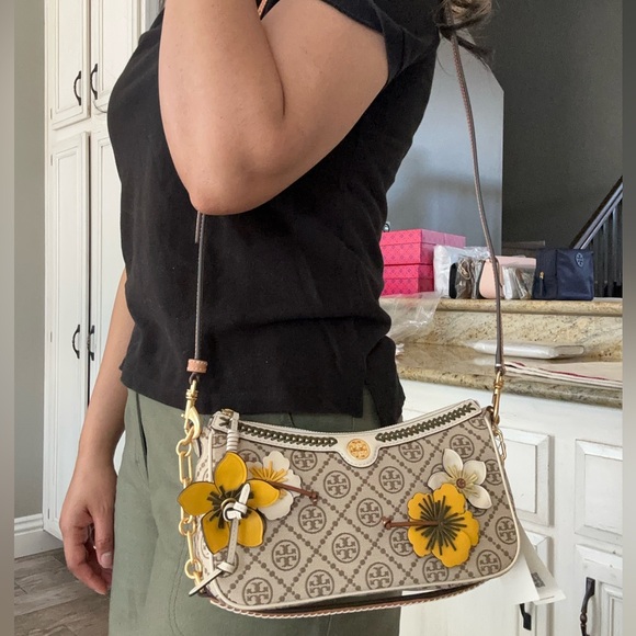 New Tory Burch 🌼 T MONOGRAM BRAIDED FLORAL STUDIO HAZELNUT - Picture 4 of 13